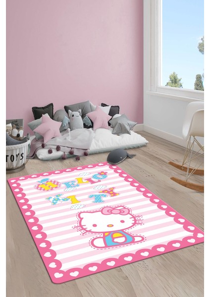 Kaymaz Taban Makinada Yıkanabilir Dijital Baskı Hello Kitty Desenli Çocuk Odası Halısı Dot Taban Halı