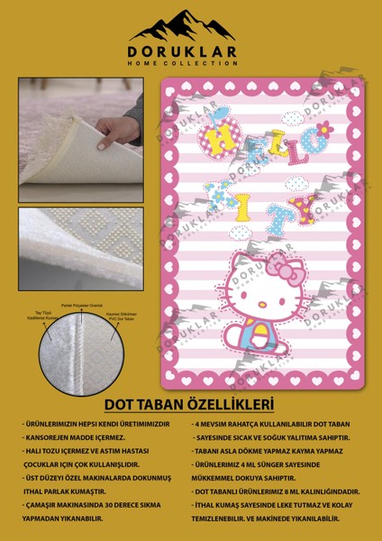 Kaymaz Taban Makinada Yıkanabilir Dijital Baskı Hello Kitty Desenli Çocuk Odası Halısı Dot Taban Halı