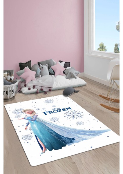 Kaymaz Taban Makinada Yıkanabilir Dijital Baskı Elsa Frozen Desenli Çocuk Odası Halısı Dot Taban Halı