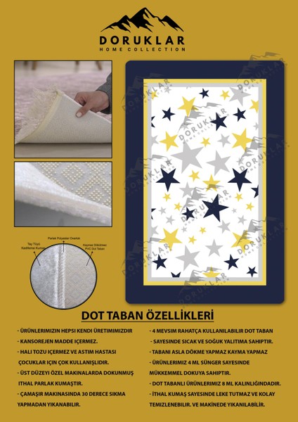 Kaymaz Taban Makinada Yıkanabilir Dijital Baskı Yıldız Desenli Çocuk Odası Halısı Dot Taban Halı 01