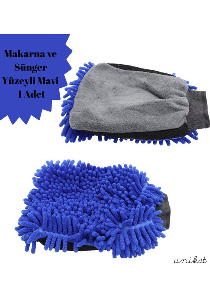 Çift Taraflı Mikrofiber Yıkama Eldiveni - Makarna ve Sünger Yüzeyli Mavi 1 Adet