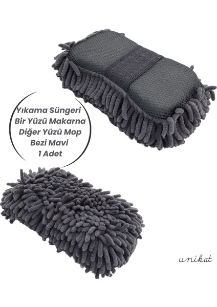 Premium Mikrofiber Araba Yıkama Süngeri – Bir Yüzü Makarna, Diğer Yüzü Mop Bezi Gri 1 Adet