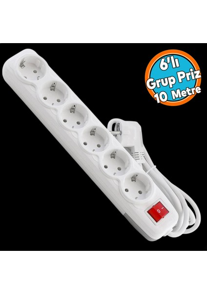Topraklı Grup Priz Kablolu 6'lı Fiş Çoğaltıcı 10 Metre Çoklu Asmalı Uzatma Kablosu Anahtar Düğmeli