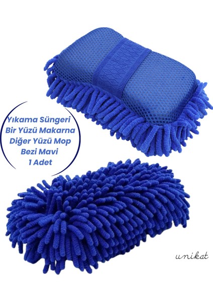 Premium Mikrofiber Araba Yıkama Süngeri – Bir Yüzü Makarna, Diğer Yüzü Mop Bezi Mavi 1 Adet