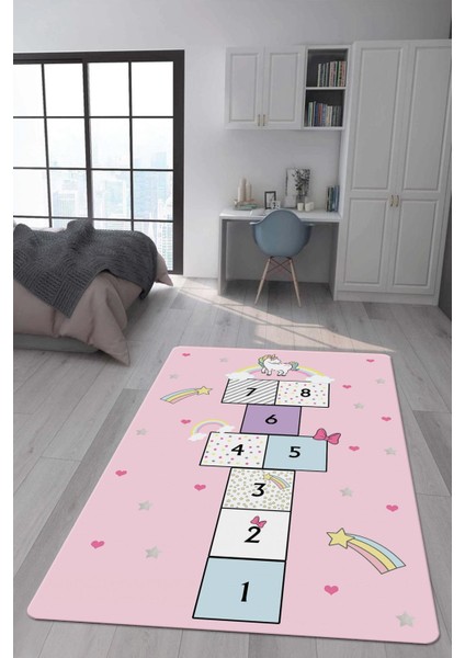 Kaymaz Taban Makinada Yıkanabilir Dijital Baskı Unicorn Seksek Desenli Çocuk Odası Halısı Dot Taban Halı