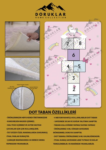 Kaymaz Taban Makinada Yıkanabilir Dijital Baskı Unicorn Seksek Desenli Çocuk Odası Halısı Dot Taban Halı