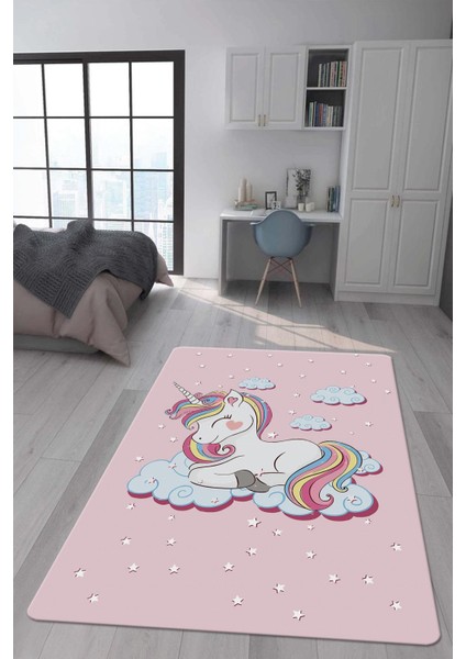 Kaymaz Taban Makinada Yıkanabilir Dijital Baskı Unicorn Desenli Çocuk Odası Halısı Dot Taban Halı