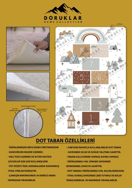 Kaymaz Taban Makinada Yıkanabilir Dijital Baskı Seksek Desenli Çocuk Odası Halısı Dot Taban Halı