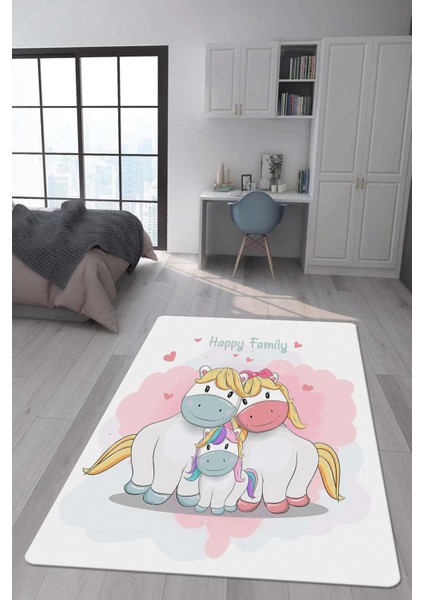 Kaymaz Taban Makinada Yıkanabilir Dijital Baskı Unicorn Aile Desenli Çocuk Odası Halısı Dot Taban Halı