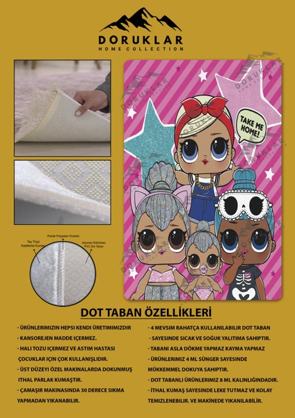 Kaymaz Taban Makinada Yıkanabilir Dijital Baskı Lol Bebekler Desenli Çocuk Odası Halısı Dot Taban Halı