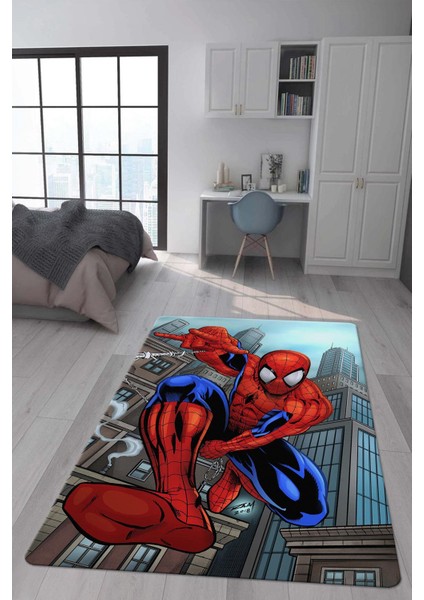 Kaymaz Taban Makinada Yıkanabilir Dijital Baskı Spiderman Desenli Çocuk Odası Halısı Dot Taban Halı