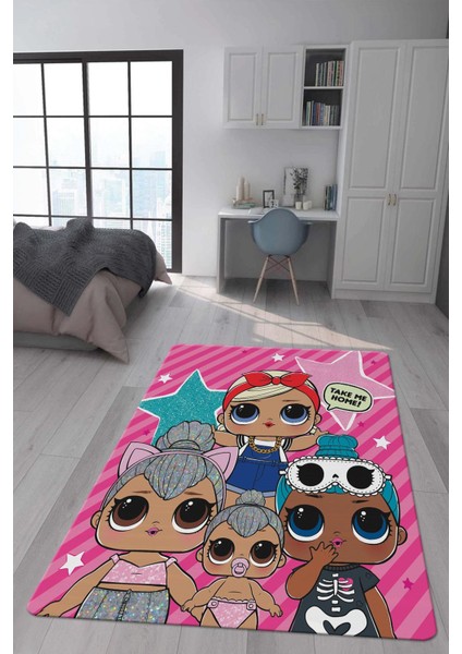 Kaymaz Taban Makinada Yıkanabilir Dijital Baskı Lol Bebekler Desenli Çocuk Odası Halısı Dot Taban Halı