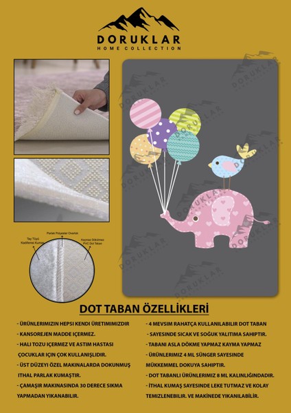 Kaymaz Taban Makinada Yıkanabilir Dijital Baskı Fil Balon Desenli Çocuk Odası Halısı Dot Taban Halı