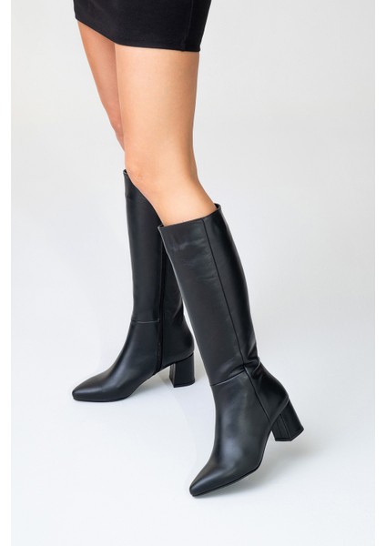 SEJAS Siyah Hakiki Deri Kadın Topuklu Çizme indirimleri