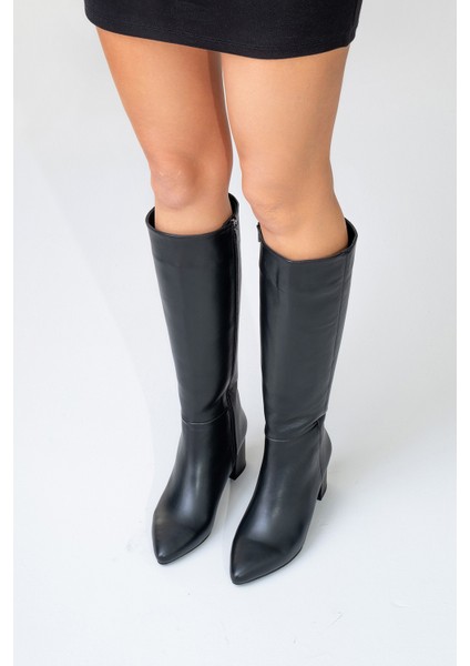 SEJAS Siyah Hakiki Deri Kadın Topuklu Çizme