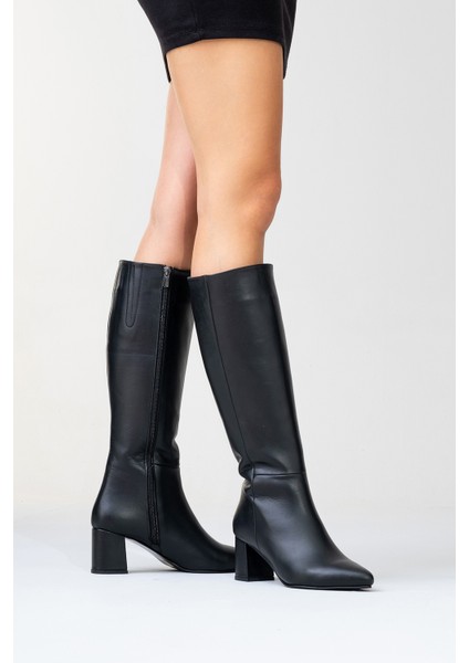 SEJAS Siyah Hakiki Deri Kadın Topuklu Çizme