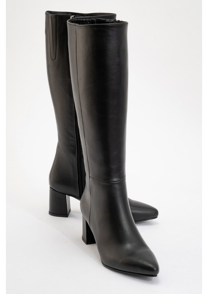 SEJAS Siyah Hakiki Deri Kadın Topuklu Çizme