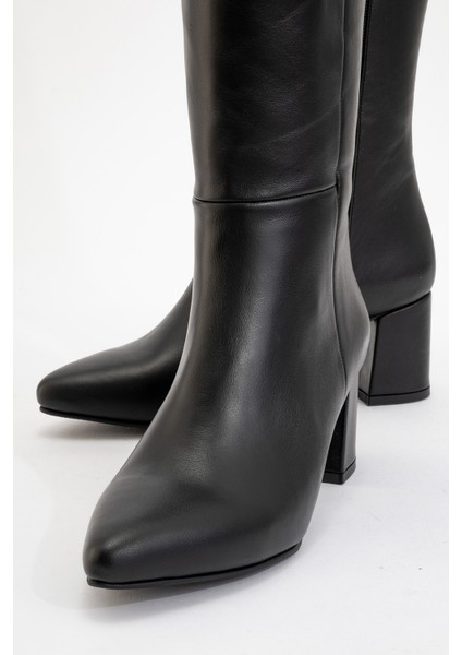 SEJAS Siyah Hakiki Deri Kadın Topuklu Çizme