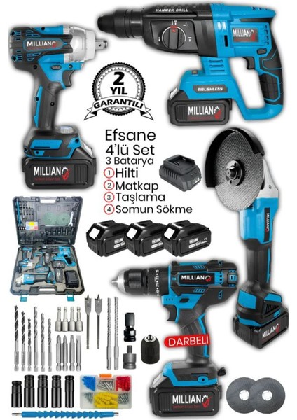 3 Bataryalı Profesyonel Şarjlı 4'lü Set 2-26 Hilti - Taşlama - 13 mm Darbeli Matkap - Somun Sıkma