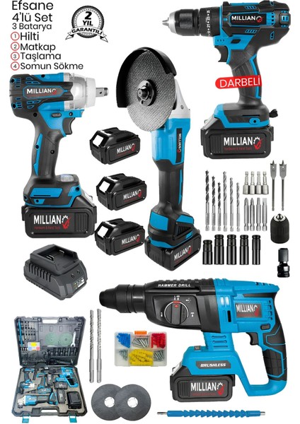 3 Bataryalı Profesyonel Şarjlı 4'lü Set 2-26 Hilti - Taşlama - 13 mm Darbeli Matkap - Somun Sıkma