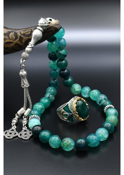 Doğal Damarlı Akik Taşlı Tesbih ve 925 Ayar Gümüş Erkek Yüzüğü Yeşil Akik Taşlı 901412