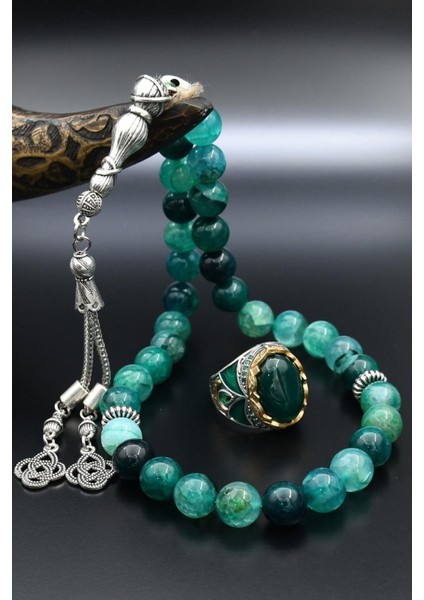 Doğal Damarlı Akik Taşlı Tesbih ve 925 Ayar Gümüş Erkek Yüzüğü Yeşil Akik Taşlı 901412 fiyatları