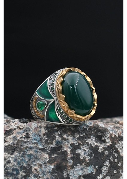 Doğal Damarlı Akik Taşlı Tesbih ve 925 Ayar Gümüş Erkek Yüzüğü Yeşil Akik Taşlı 901412 modelleri