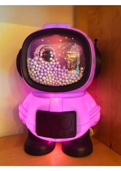 Işıklı Astronot Tasarımlı Kumbara 11 cm x 11 cm 17,6 cm mor Renk