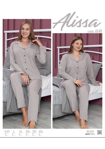 6149 Bayan Önü Düğmeli Puantiye Desenli Pijama Takımı
