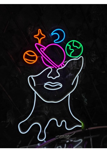 Cizgineon Gezegen Kadın Işıklı Duvar Dekarasyon