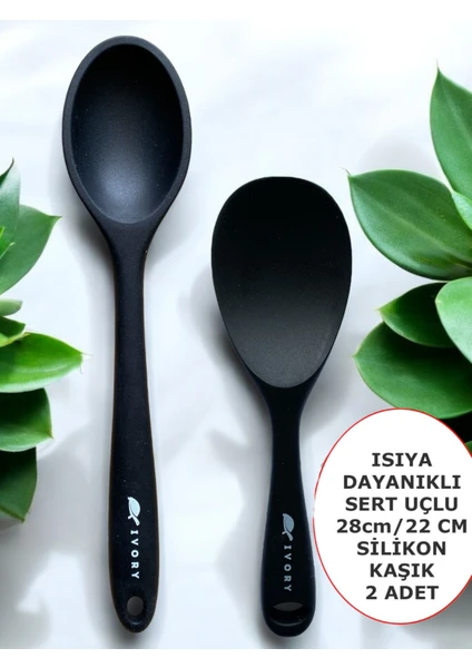 Sert Uçlu Isıya Dayanıklı Yanmaz Yapışmaz Silikon Uzun Kaşık 28 cm Kısa Kaşık 22 cm / 2 Adet