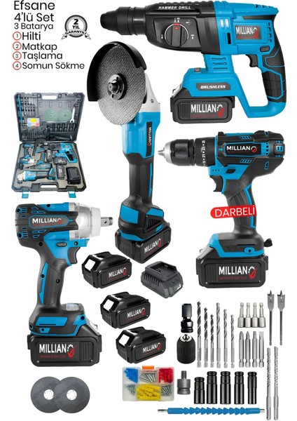 3 Bataryalı Profesyonel Şarjlı 4'lü Set 2-26 Hilti - Taşlama - 13 mm Darbeli Matkap - Somun Sıkma