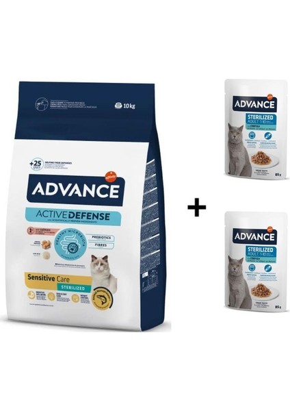 Somonlu Kısırlaştırılmış Kedi Maması 10 kg + 2 Adet Advance Morina Balıklı Kısır Kedi Pouch Yaş Maması 85 gr