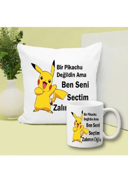 Bir Pikachu Değilim Ama Ben Seni Seçtim Yazılı Yastik Kupa Set