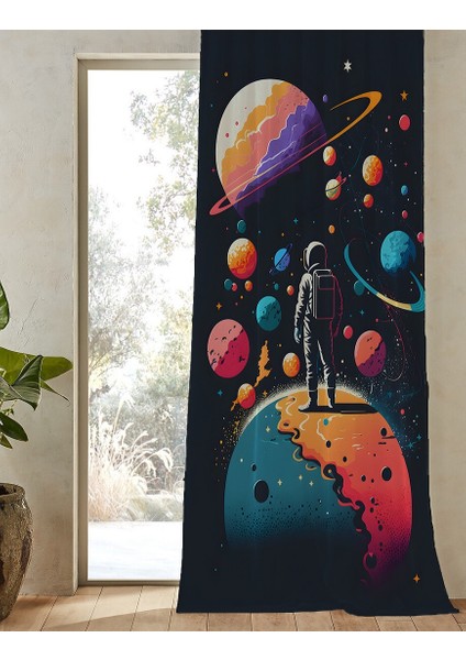 Uzay Gezegen Astronot Yıldız Desenli Dijital Baskılı Tek Kanat Fon Perde