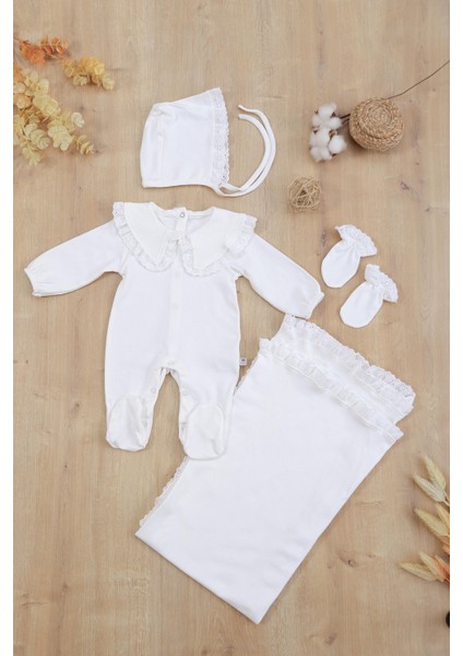 Kız Bebek Pamuk Kumaş Fistolu Battaniyeli 5 Li Hastane Çıkışı Seti STL6844