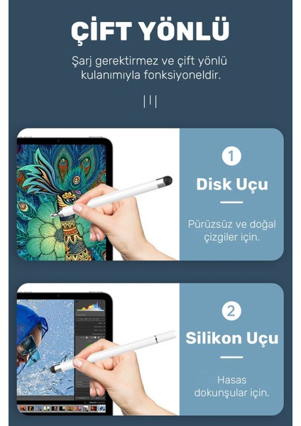 Apple, Ipad, iPhone ve Tüm Cihazlarla Uyumlu Tablet Kalemi 2in1 Disk Uçlu Stylus Çizim Kalemi