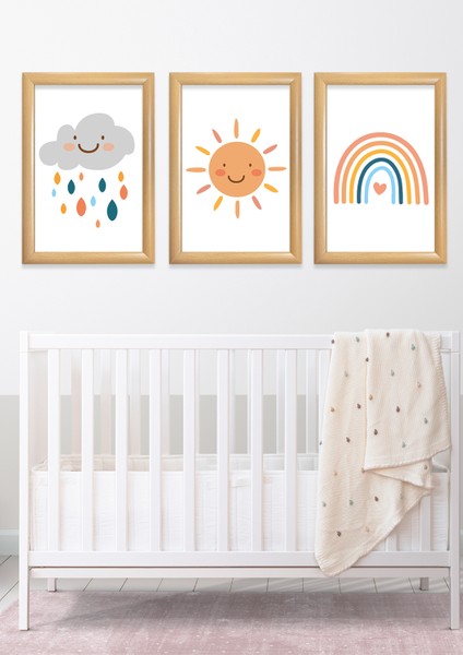 Çocuk Odası Neşeli Anlar 3'lü Çerçeveli Cam Tablo Seti 23,5 x 33,5 cm