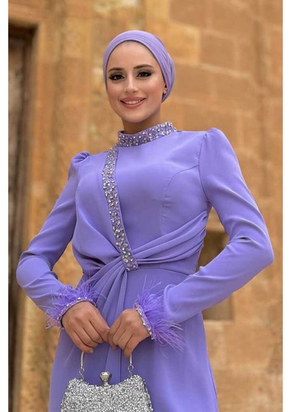 Taş ve Tüy Detaylı Abiye 7021 Lila fırsatları