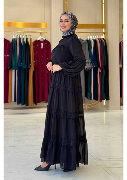 3923 Dantel Detay Şifon Elbise Siyah
