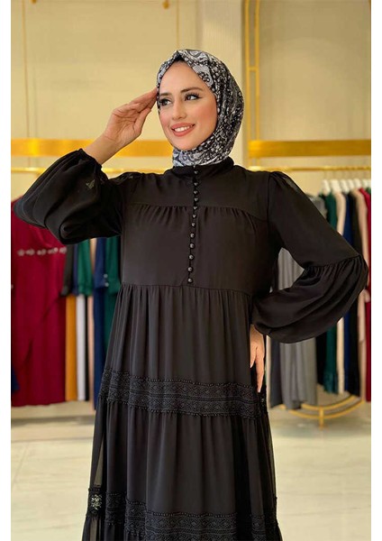 3923 Dantel Detay Şifon Elbise Siyah