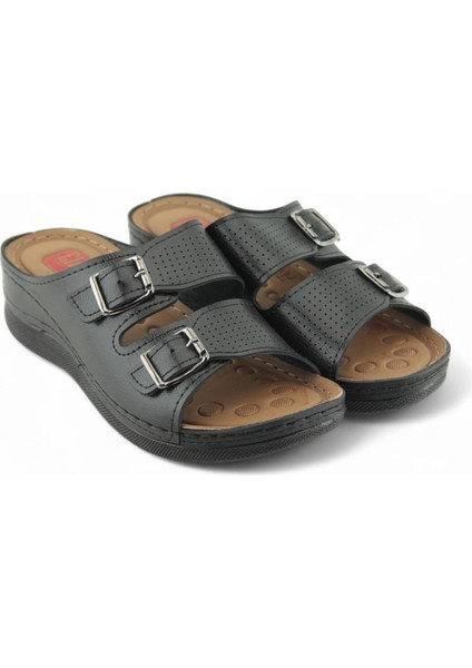 Kadın Çift Tokalı Çift Bantlı Terlik