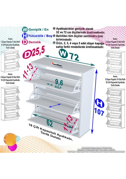 VARBİ Asma Antre Hol 72 x 107 x 25, 5 cm’ lik 3 Düşer Kapak 6 Raf Bölmeli Ayakkabılık