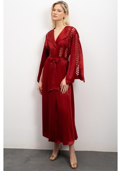 Frank Grogren Detaylı Bordo Saten Sabahlık / Kimono