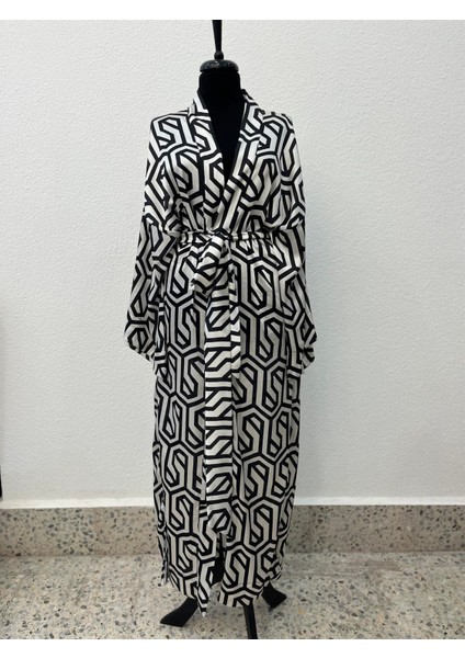 Siyah Beyaz Geometrik Desenli Kimono modelleri