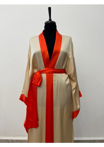 Bej Turuncu Saten Kimono