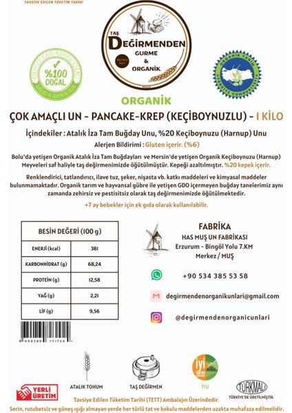 Organik Atalık Çok Amaçlı Un - Keçiboynuzlu Pancake-Krep - 1 Kilo