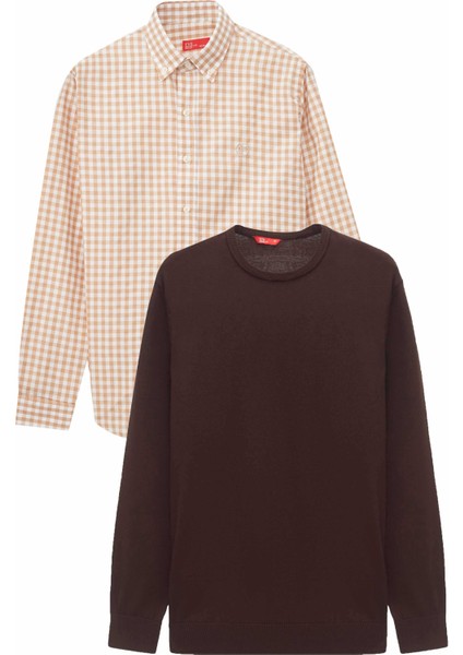 Ds Damat Slim Fit Camel Pamuk Karışımlı 2'li Bisiklet Yaka Triko ve Gömlek