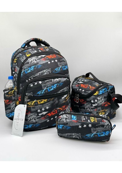 Erkek Çocuk Ilkokul Çantası Karakter Baskılı Çok Bölmeli 3'lü Takım Araba Baskılı Siyah Ilk Okul Çantası