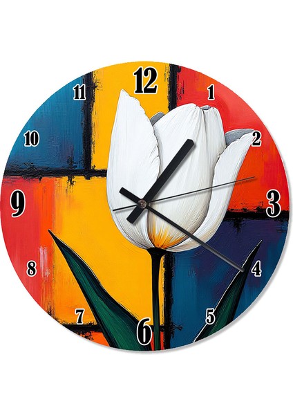 Soyut Beyaz Lale Akarlı Duvar Saati